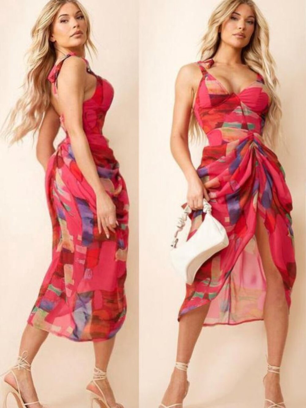 PrettyLittleThing Pink Multicolor Underwire Ruched Draped Party Dress Size 4 US - Picture 1 of 8